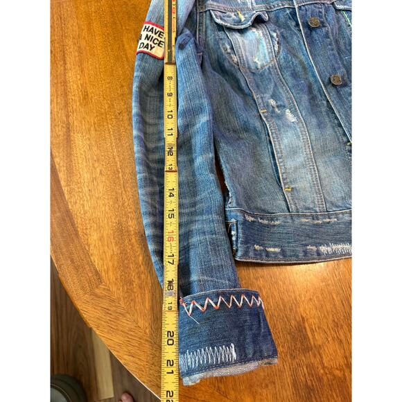 Vintage Lucky Legends Denim Jacket Embroidered Hippie Boho Distressed Patch - Picture 5 of 6